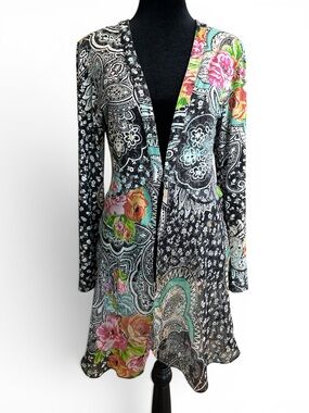 Laura Max Black Paisley Floral Open Duster with Pink & Mint Accents